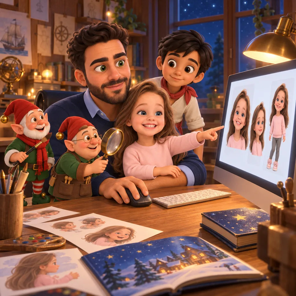 Le papa à son bureau, sa fille sur les genoux qui montre du doigt l’écran où s’affiche son personnage dessiné ; deux lutins l’aident, un jeune mousse regarde par-dessus son épaule.