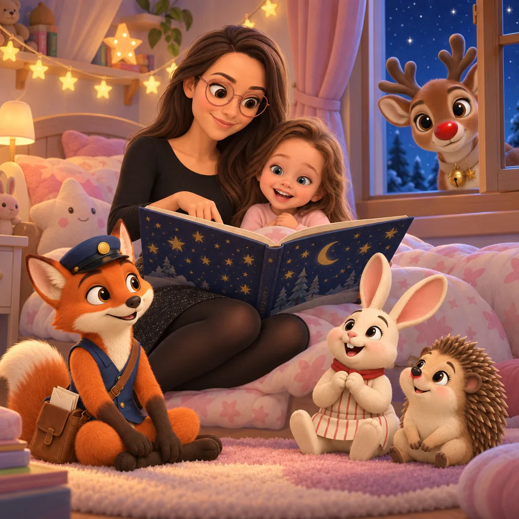 Dans une chambre le soir, la maman lit à voix haute un livre étoilé à sa fille ; un renard facteur, un lapin pâtissier et une hérissonne écoutent au pied du lit, un renne au nez rouge passe la tête par la fenêtre.