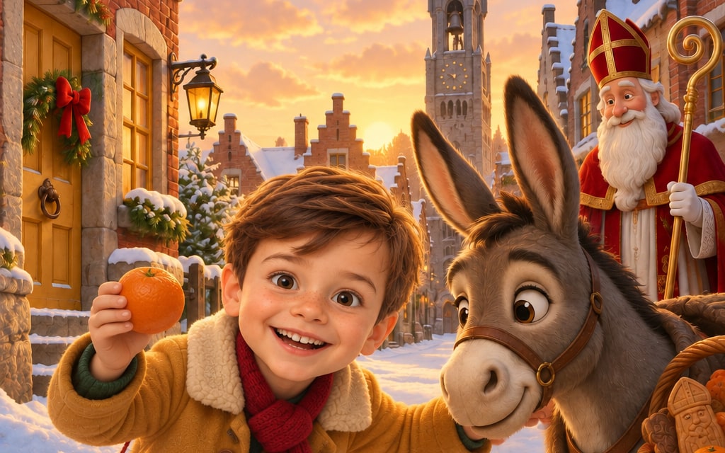 Un enfant tend une mandarine à côté de l'âne de Saint Nicolas, dans une rue enneigée d'un village belge
