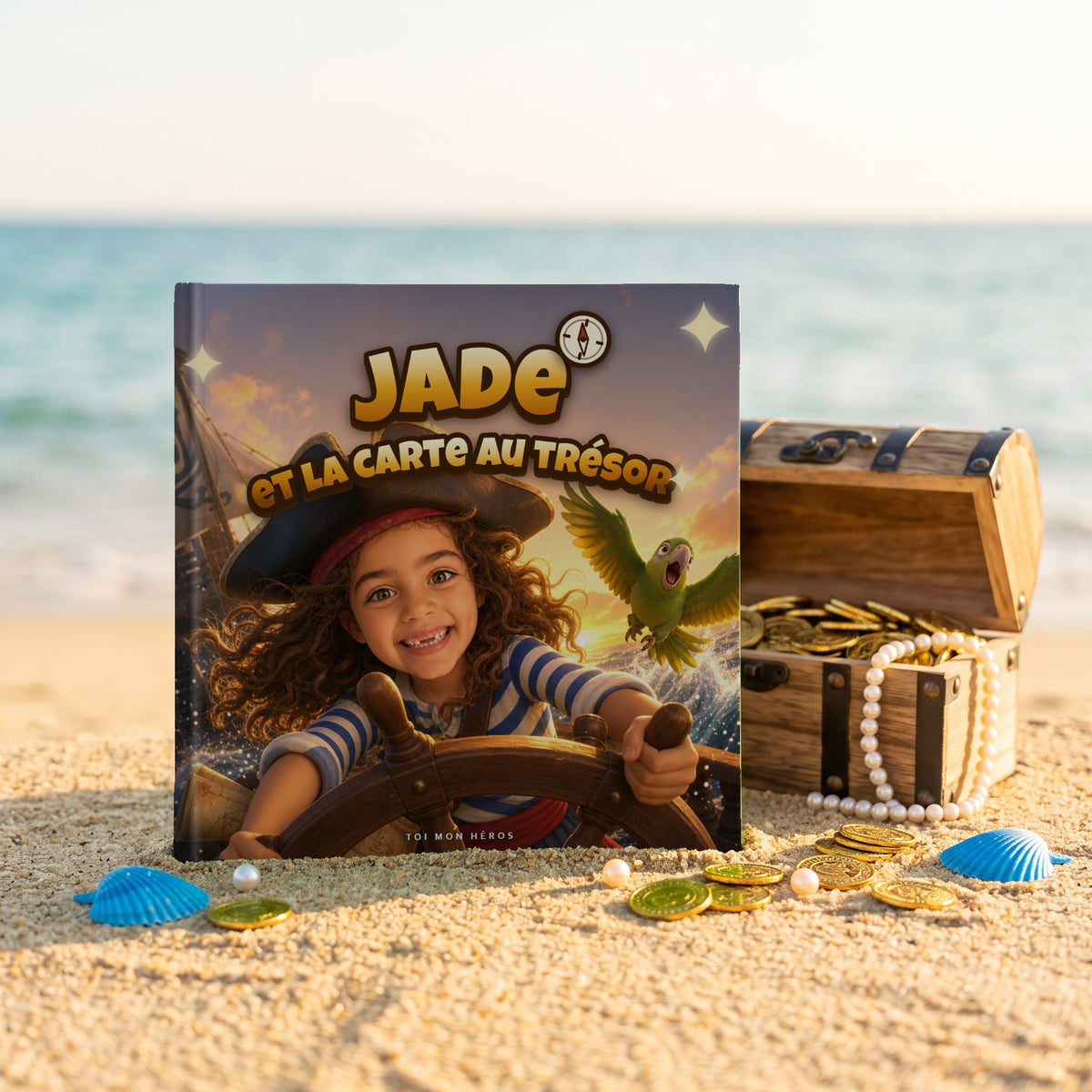 Le livre carré « Jade et la carte au trésor » debout sur le sable, à côté d’un petit coffre de pièces d’or et de perles, au bord de la mer