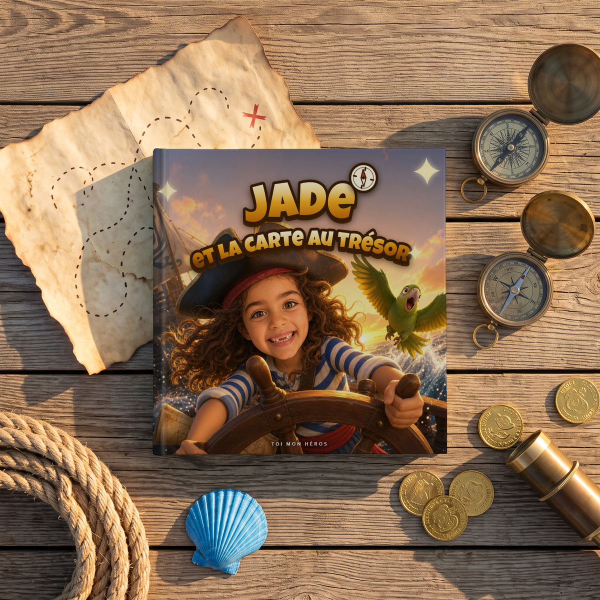 Le livre « Jade et la carte au trésor » posé sur le pont d’un navire, avec une carte au trésor, des boussoles, une longue-vue et des pièces d’or
