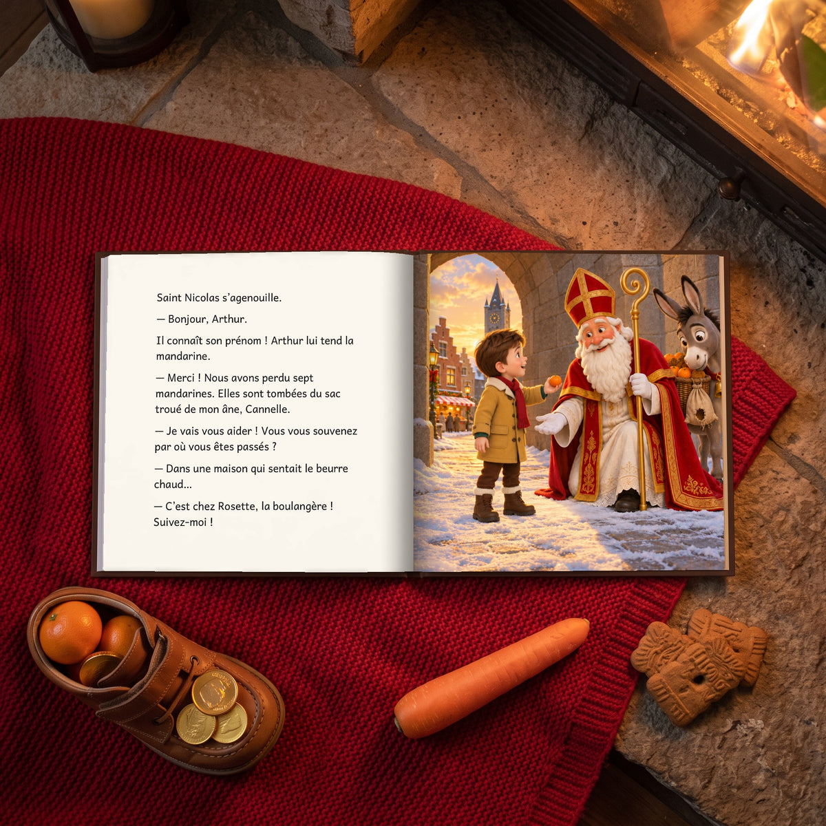 Le livre « Arthur et la fête de Saint-Nicolas » ouvert près de la cheminée, à côté d’un soulier garni de mandarines : Saint Nicolas s’agenouille devant Arthur