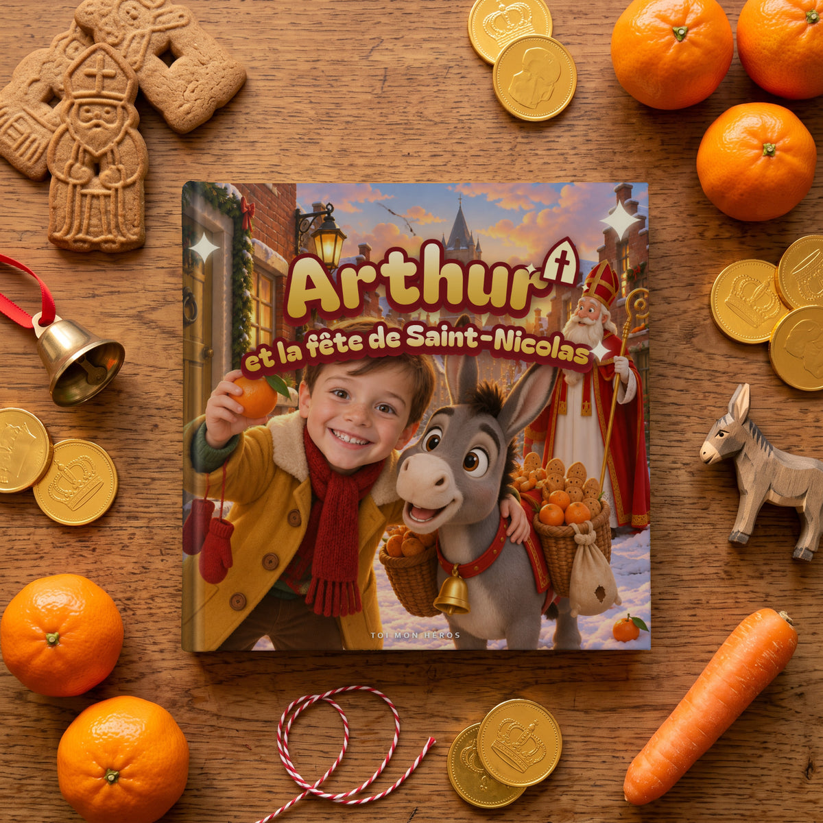 Le livre carré « Arthur et la fête de Saint-Nicolas » posé sur une table en bois, entouré de spéculoos, de mandarines, de pièces en chocolat et d’un petit âne en bois
