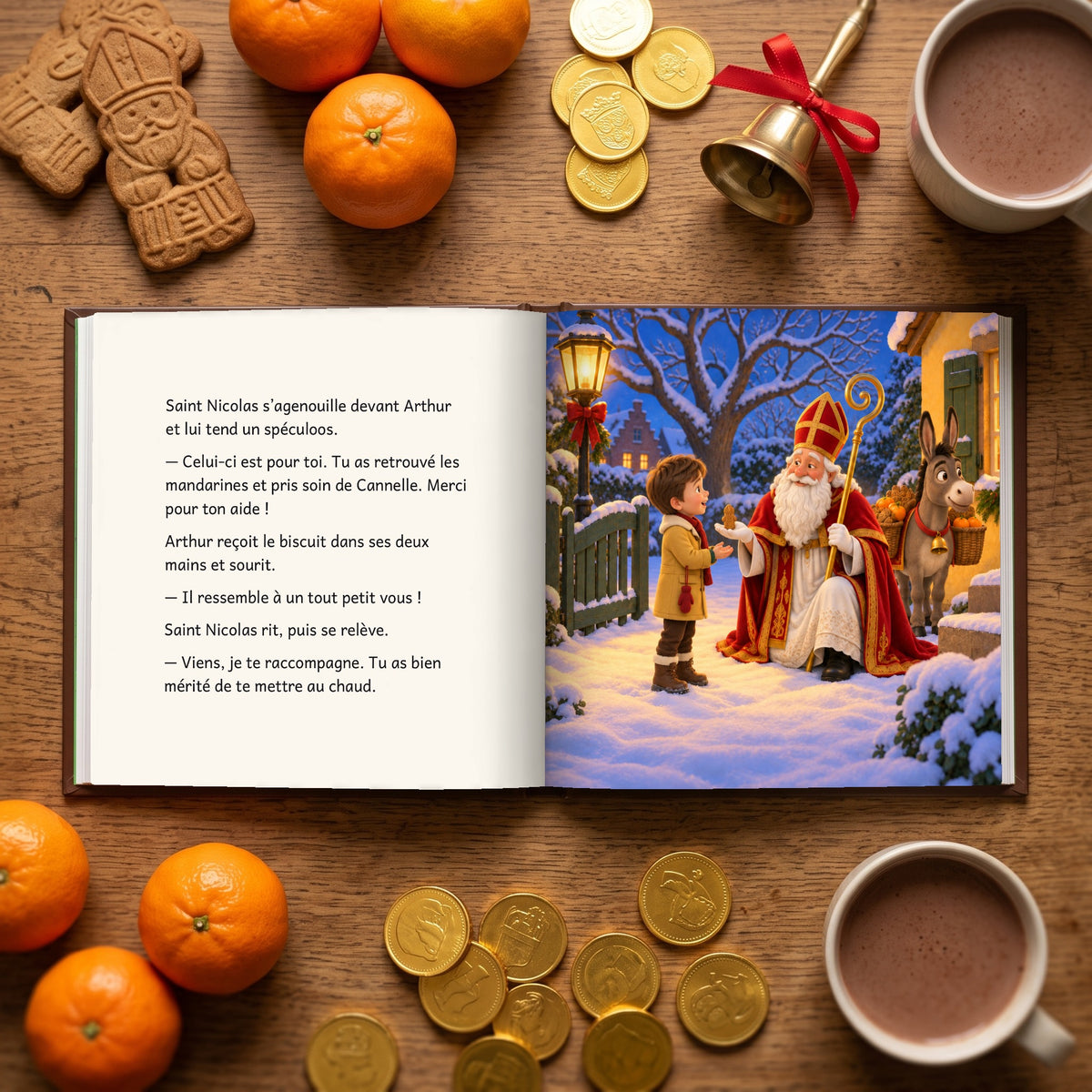 Le livre ouvert sur une table entre spéculoos et mandarines : Saint Nicolas tend un spéculoos à Arthur