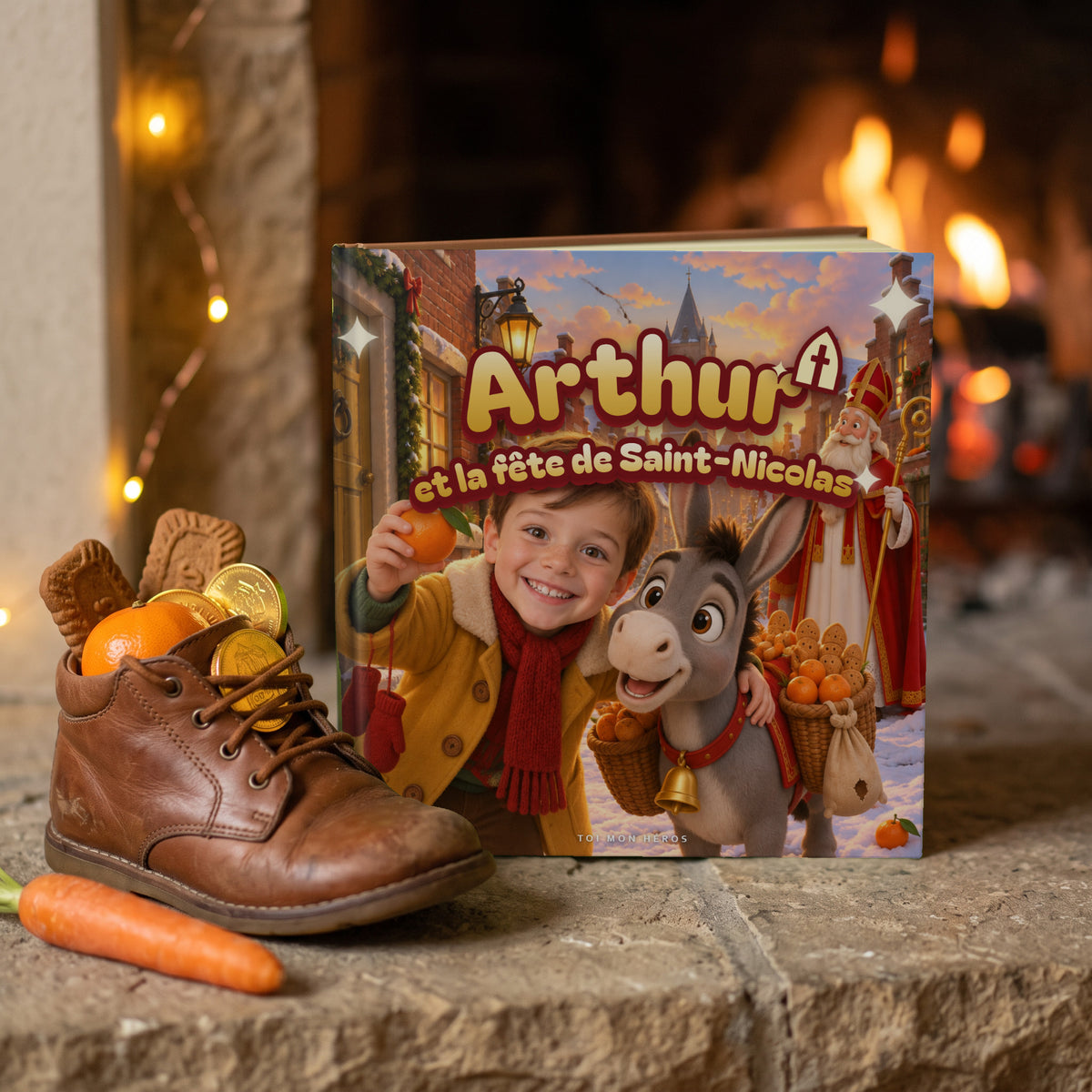 Le livre « Arthur et la fête de Saint-Nicolas » debout devant la cheminée, à côté d’un soulier rempli de mandarines, de chocolat et d’une carotte pour l’âne