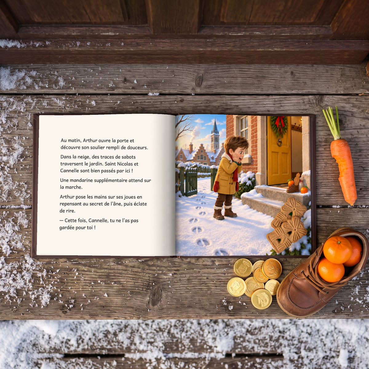 Le livre ouvert sur un seuil enneigé, à côté du soulier rempli de douceurs : au matin, Arthur découvre ce que Saint Nicolas a laissé