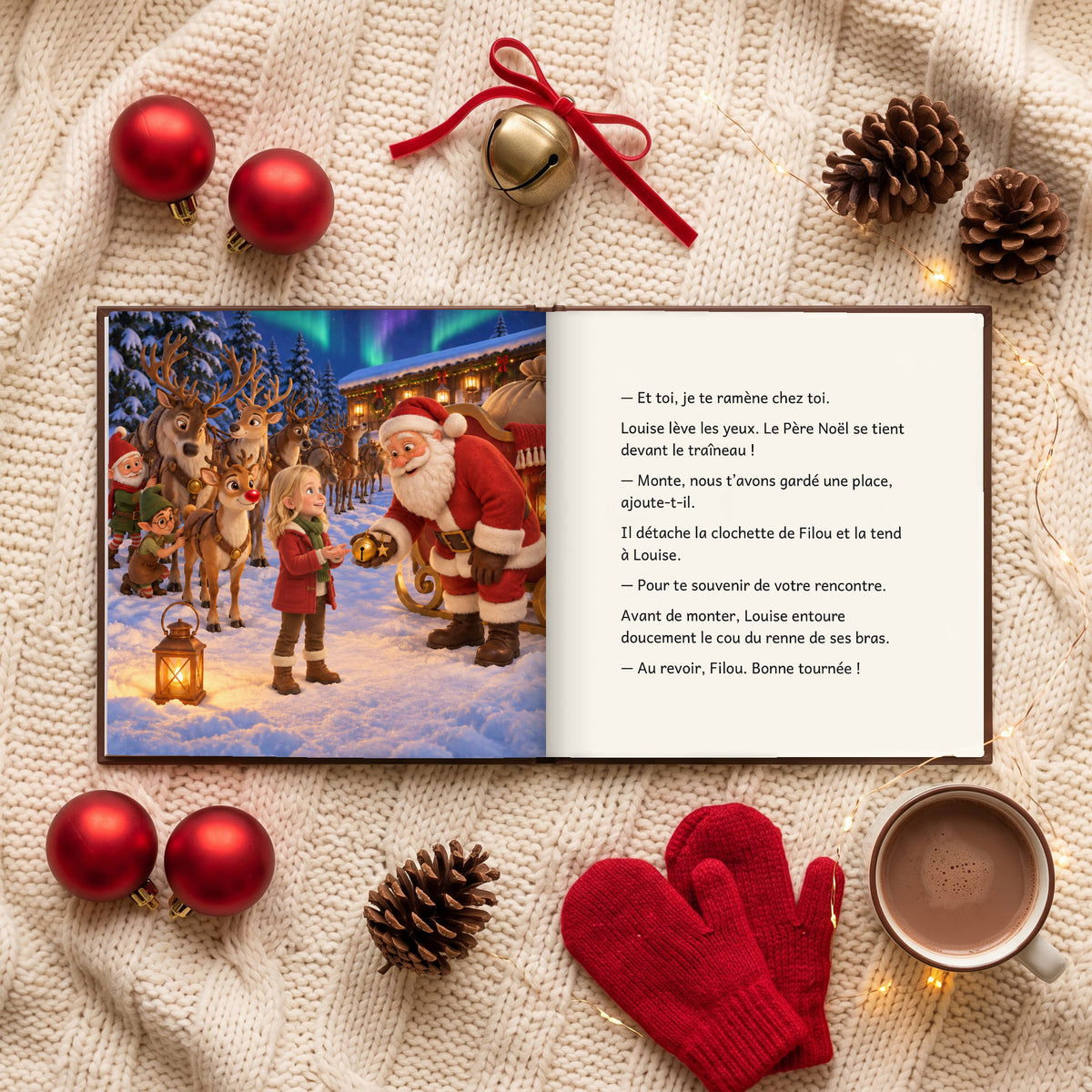Le livre « Louise et la nuit de Noël » ouvert sur un plaid de laine, entre boules rouges, clochette et moufles : le Père Noël accueille Louise devant le traîneau