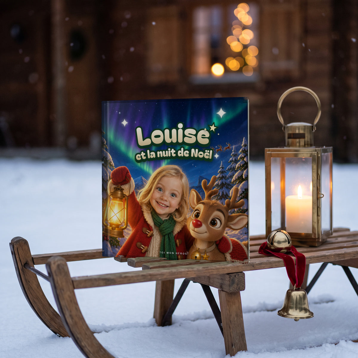 Le livre carré « Louise et la nuit de Noël » debout sur une luge en bois dans la neige, une lanterne allumée à côté, un soir d’hiver