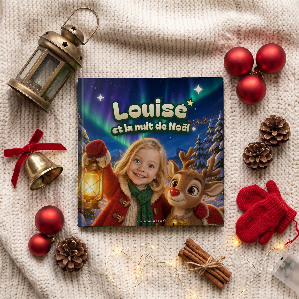 Le livre « Louise et la nuit de Noël » posé sur un plaid de laine, avec une lanterne, des clochettes, des boules rouges, des pommes de pin et des moufles