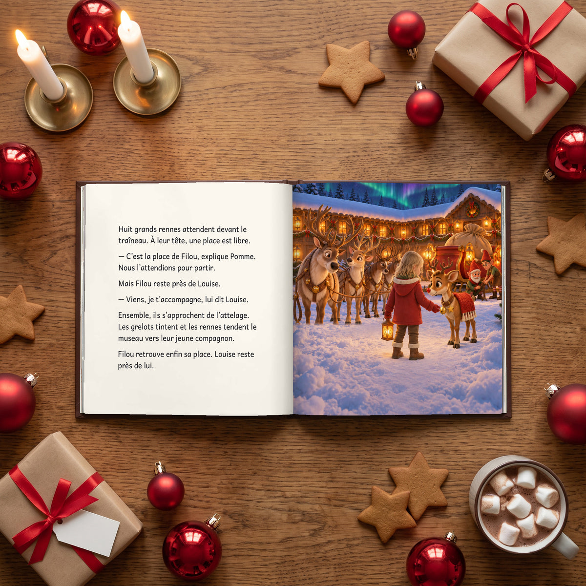 Le livre ouvert sur une table de Noël, entre bougies, biscuits en étoile et paquets : les huit rennes attendent devant le traîneau