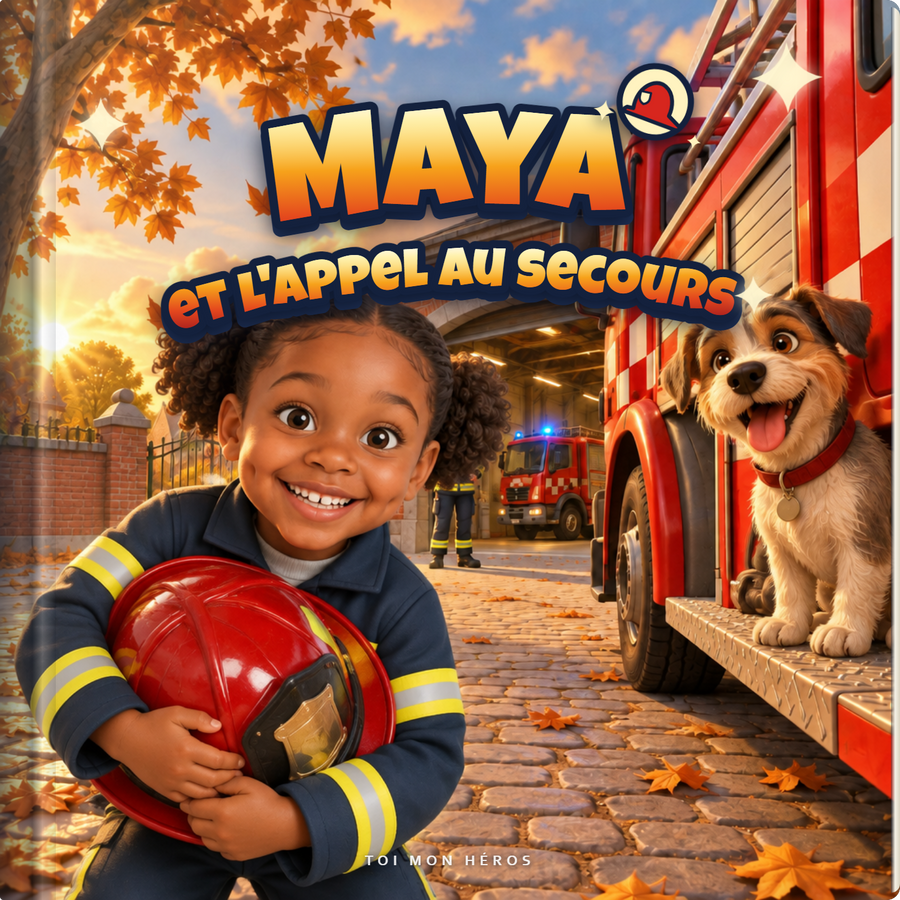 Le livre carré à couverture rigide « L’Appel au Secours » : un enfant en veste de pompier serre un casque rouge dans ses bras, un petit chien assis sur le marchepied d’un camion de pompiers, dans la cour d’une caserne en automne
