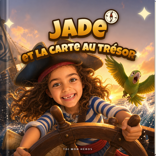 Le livre carré à couverture rigide « La Carte au Trésor » : une enfant en tenue de pirate sur le pont d’un navire, un perroquet sur l’épaule