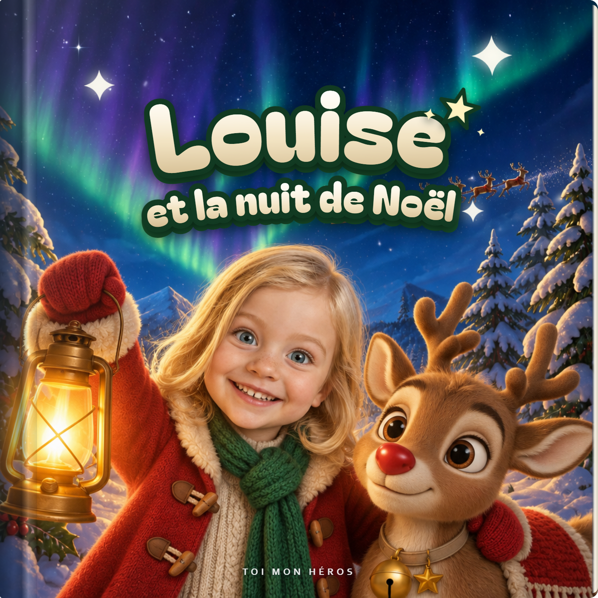 Le livre carré à couverture rigide « La Nuit de Noël » : une enfant en manteau rouge lève une lanterne dans la neige, un jeune renne à côté d’elle sous une aurore boréale