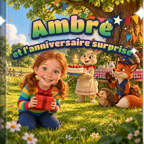 Le livre carré à couverture rigide « L’Anniversaire Surprise » : un enfant en pull rayé arc-en-ciel, à genoux dans l’herbe, serre un petit paquet rouge ; derrière lui, un lapin pâtissier porte un gâteau aux fraises et sa bougie étoile, un renard facteur et une petite hérissonne, sous un grand chêne pavoisé