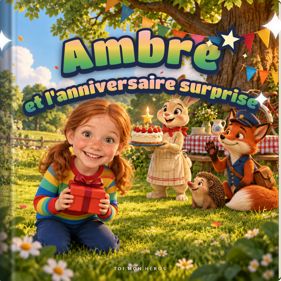 Le livre carré à couverture rigide « L’Anniversaire Surprise » : un enfant en pull rayé arc-en-ciel, à genoux dans l’herbe, serre un petit paquet rouge ; derrière lui, un lapin pâtissier porte un gâteau aux fraises et sa bougie étoile, un renard facteur et une petite hérissonne, sous un grand chêne pavoisé