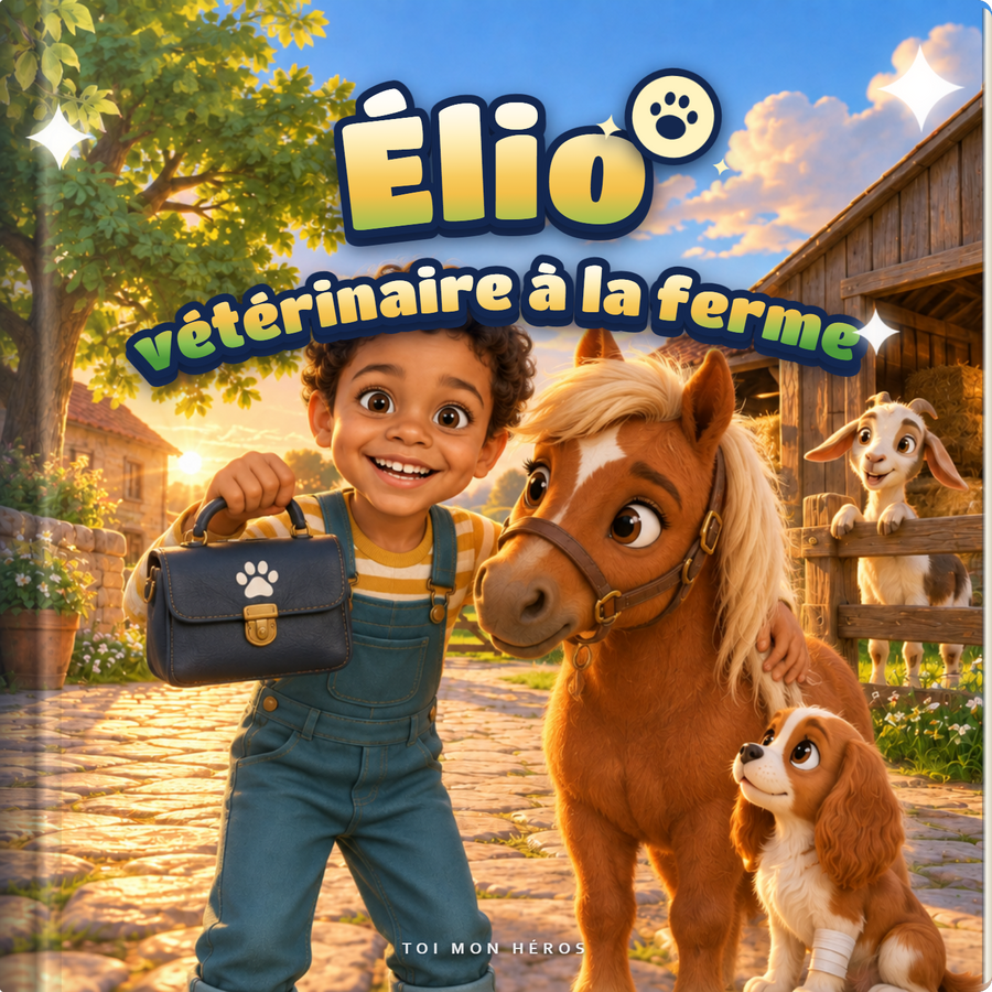 Le livre carré à couverture rigide « Vétérinaire à la Ferme » : un enfant lève une trousse de vétérinaire, la main sur l’encolure d’un petit poney, un chiot pansé à ses pieds, dans une cour de ferme au soleil