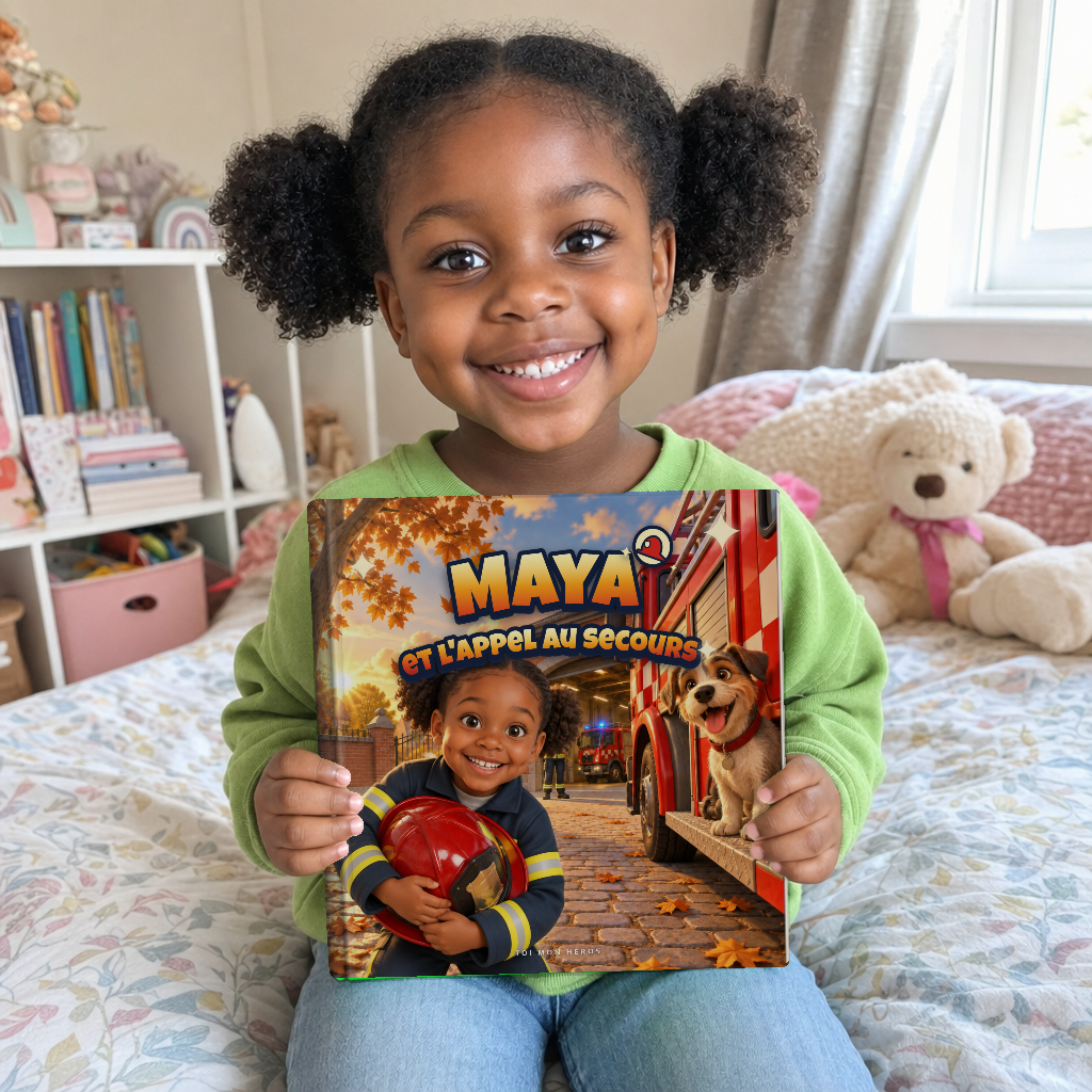 Un enfant assis sur son lit, tenant à deux mains son livre carré « Maya et l’appel au secours »