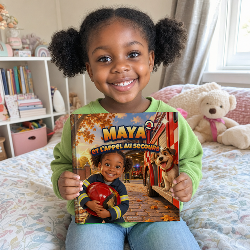 Un enfant assis sur son lit, tenant à deux mains son livre carré « Maya et l’appel au secours »