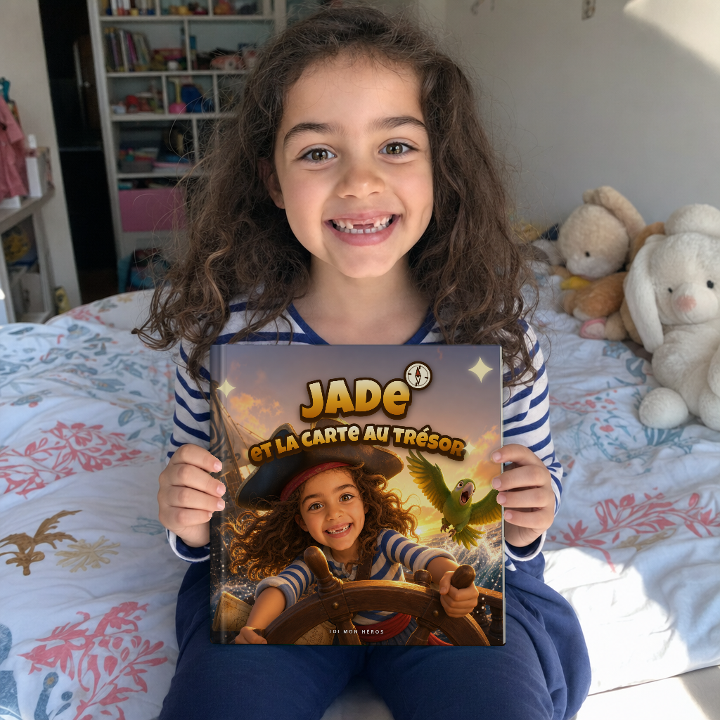 Une enfant assise sur son lit, tenant à deux mains son livre carré « Jade et la carte au trésor »