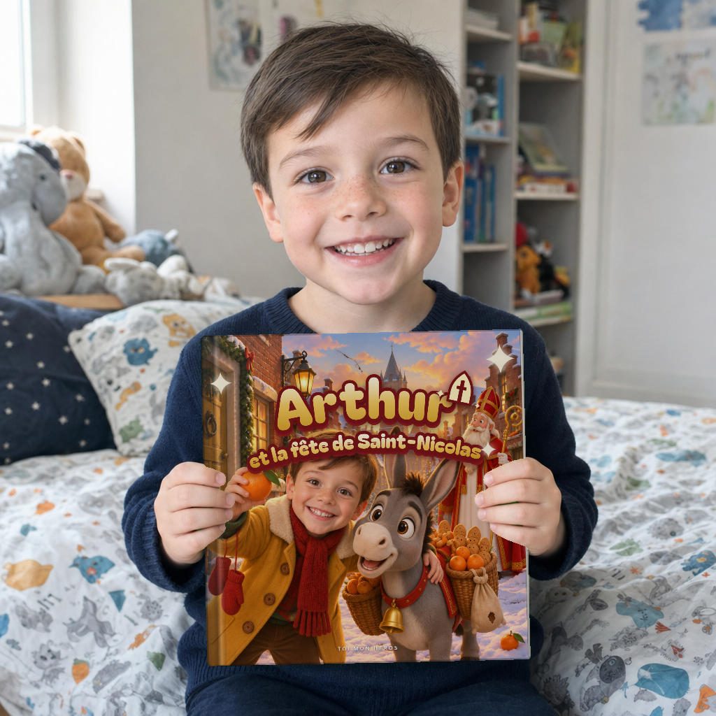 Un enfant tient son livre personnalise Arthur et la fete de Saint-Nicolas