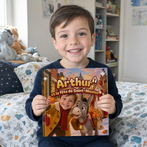 Un enfant tient son livre personnalise Arthur et la fete de Saint-Nicolas