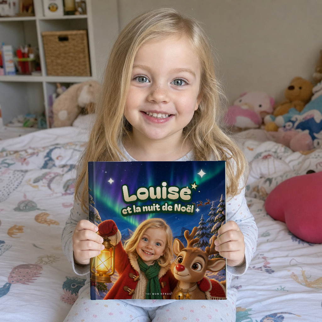 Une enfant assise sur son lit, tenant à deux mains son livre carré « Louise et la nuit de Noël »