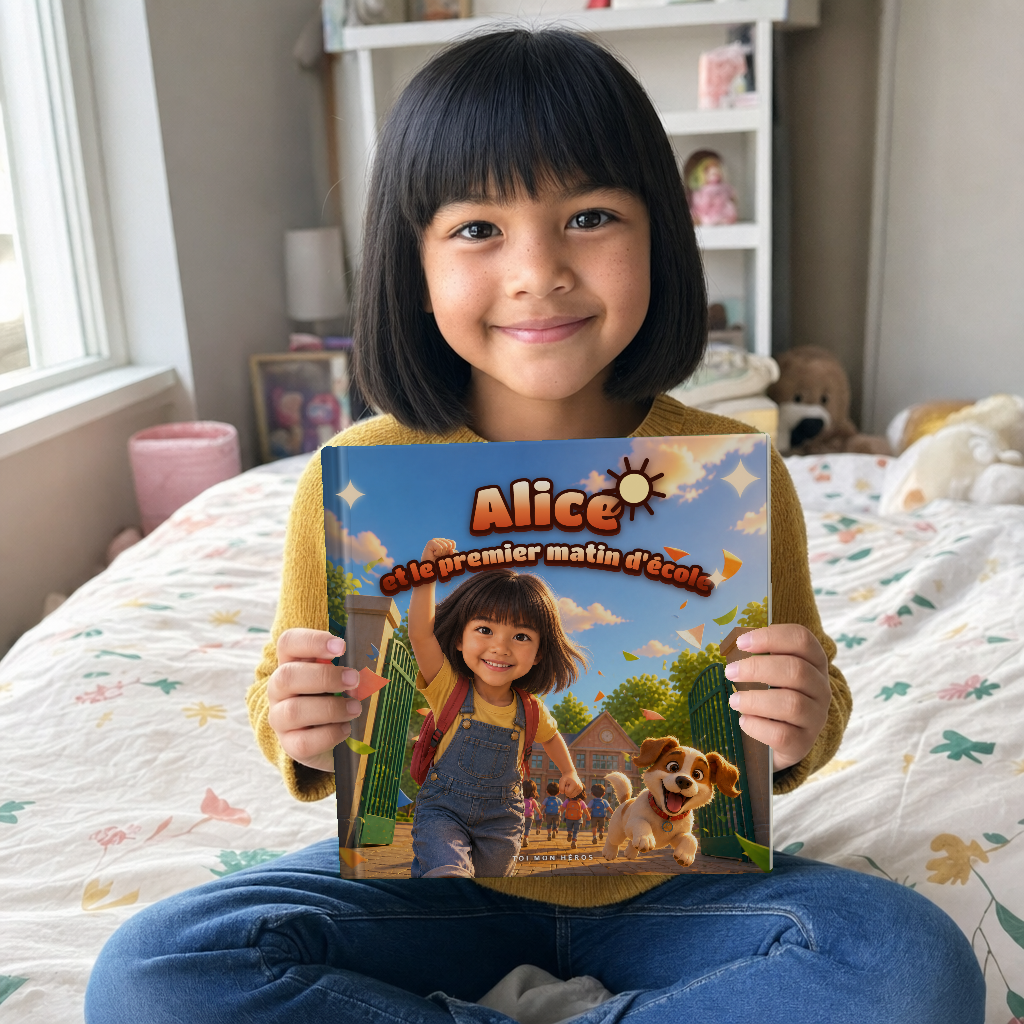 Une enfant assise sur son lit, tenant à deux mains son livre carré « Alice et le premier matin d’école »