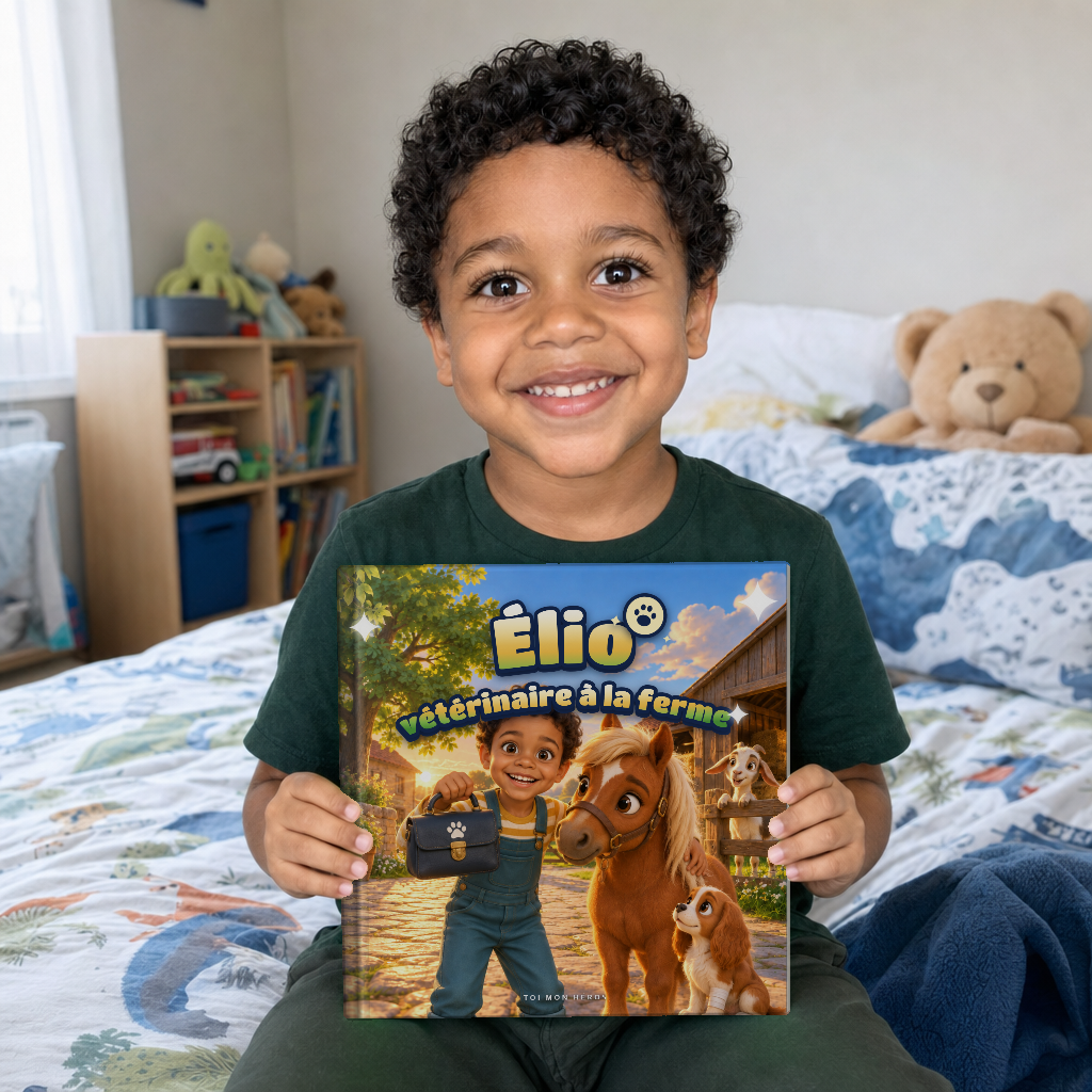 Un enfant assis sur son lit, tenant à deux mains son livre carré « Élio vétérinaire à la ferme »