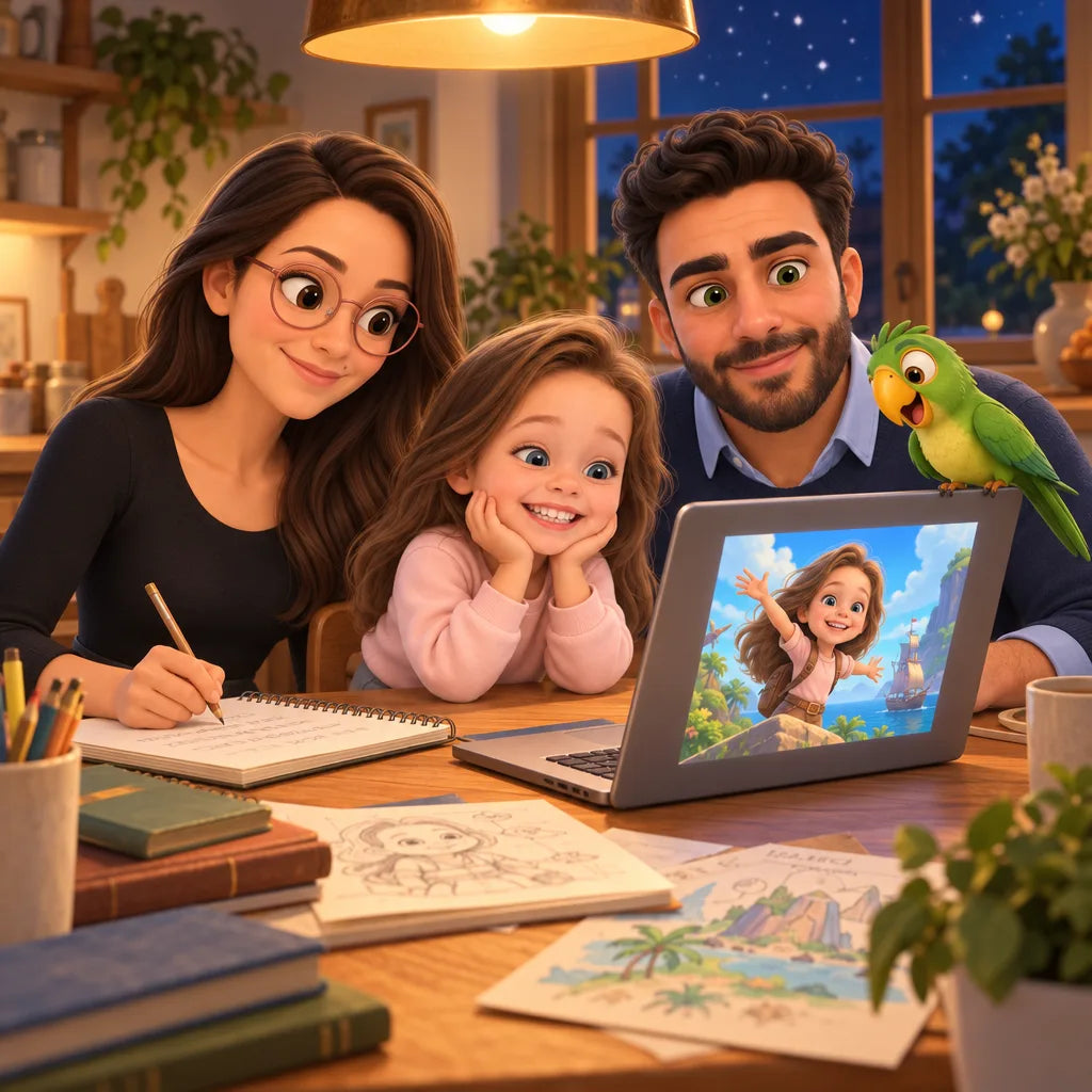 Le soir à la table de la cuisine : le papa devant son ordinateur où s’affiche sa fille dessinée en héroïne, la maman qui écrit dans un carnet, leur fille émerveillée entre eux, un perroquet vert perché sur l’écran.